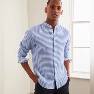 Men’s Boden Grandad Linen Blue White Stripe Collarless Button Down Shirt Large